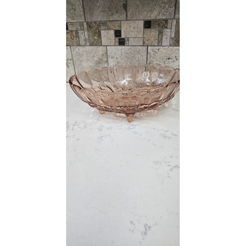 Vintage Pink Depression Glass Three Footed Bowl Scalloped Grape Leaf Pattern